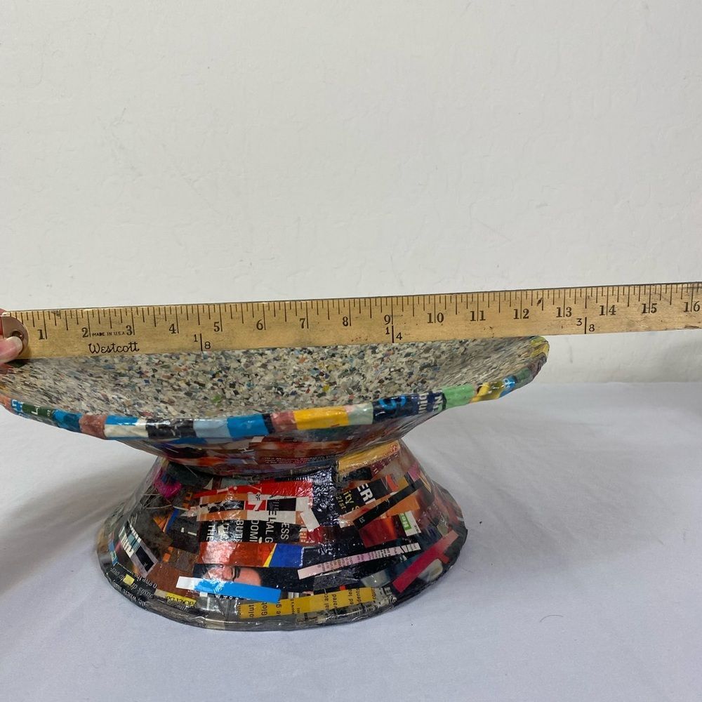 Recycled Multicolor Paper Pedestal Bowl - Eco Accent Retro Paper Machete - Picture 3 of 10